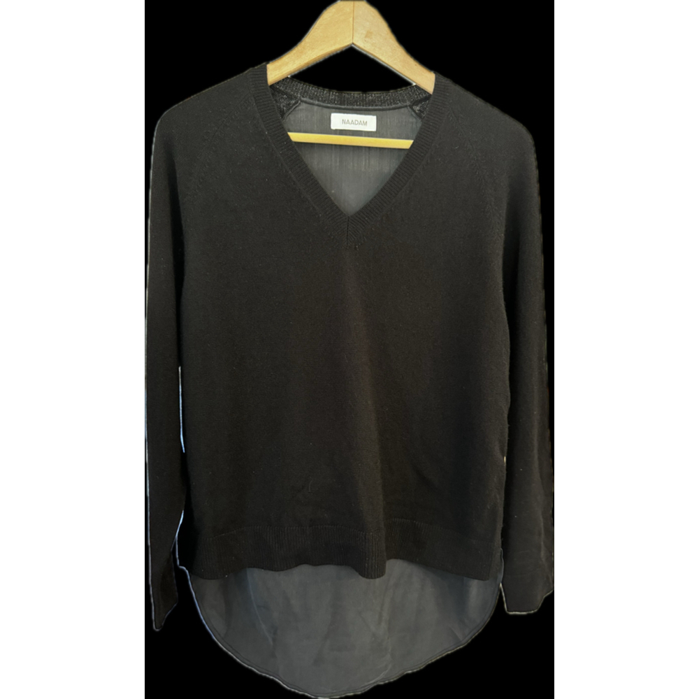 Naadam Black High-Low Sheer Back V-Neck‎ Sweater - Women’s Small